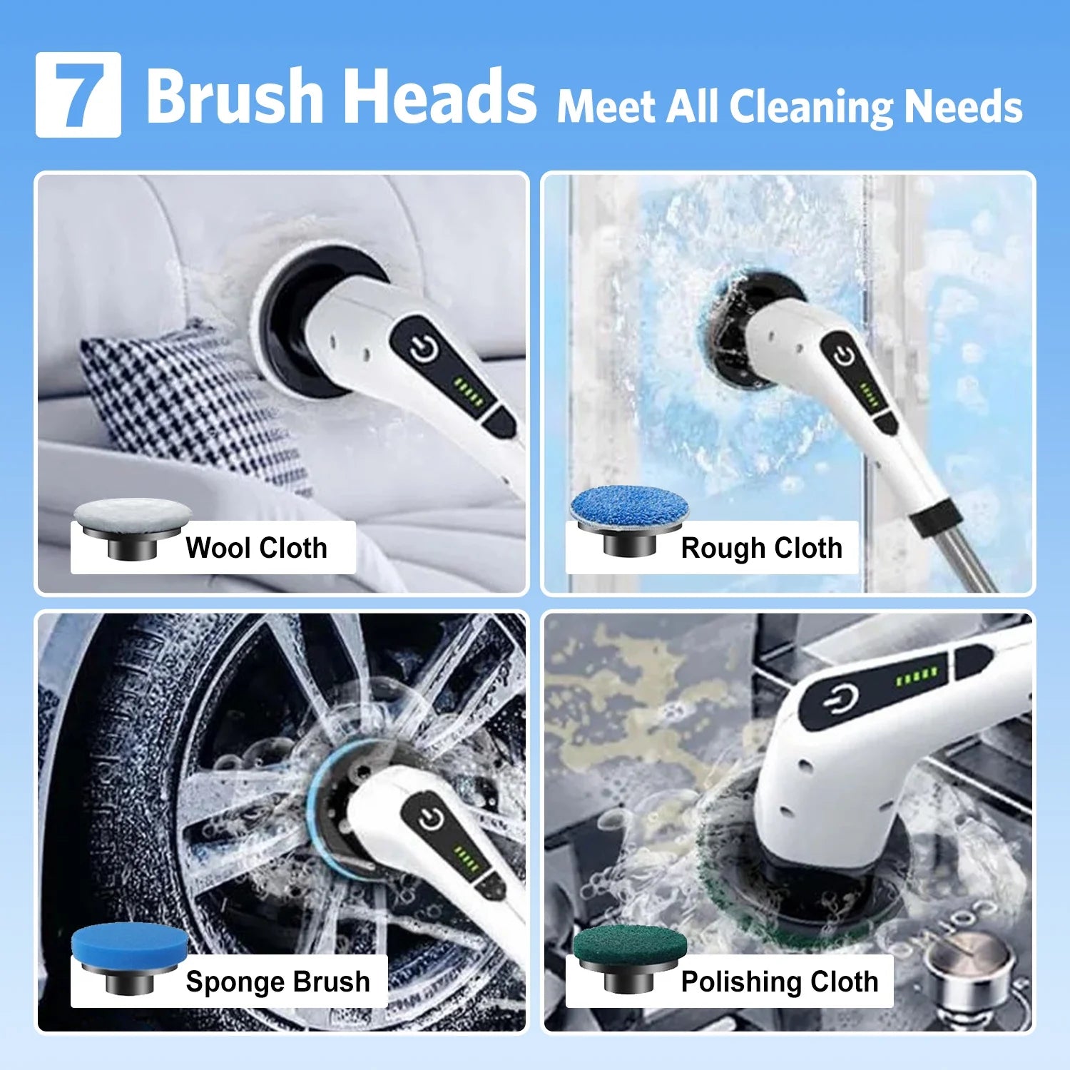 Electric Spin Scrubber — 7 Brush Heads, Cordless & USB Rechargeable